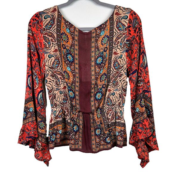 NWT Free People Rosalie Boho Bell Sleeve Surplice Paisley Red Top Blouse Sz XS - Picture 6 of 16